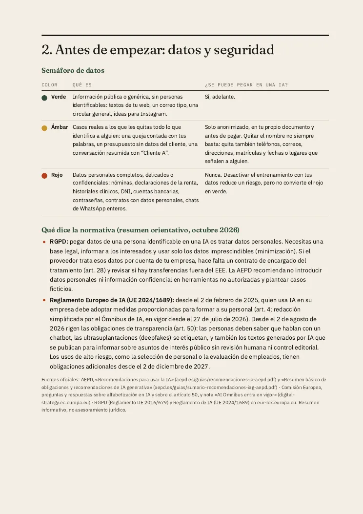 Página 4, semáforo de datos y resumen de RGPD y Reglamento de IA