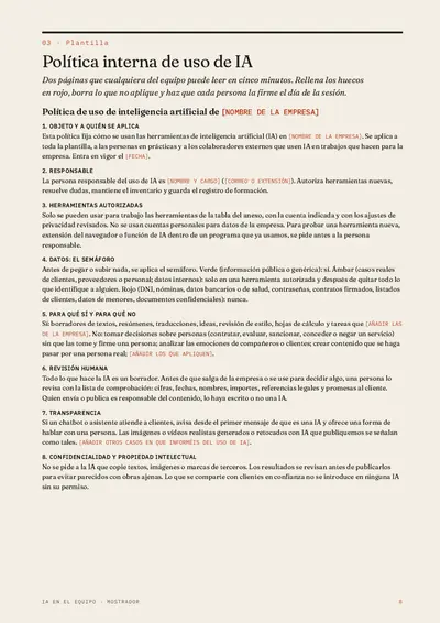 Página 8 de IA en el equipo, con la política interna de uso de IA