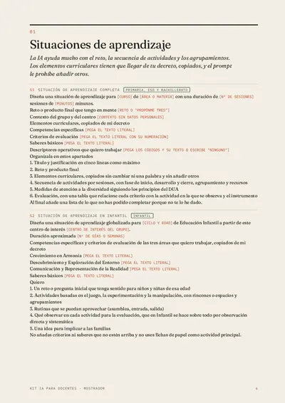 Página 6 del Kit IA para docentes, con prompts para situaciones de aprendizaje